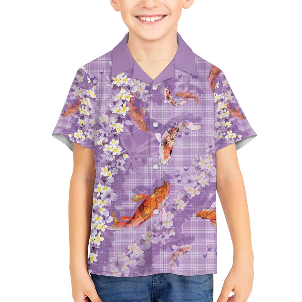 Purple Palaka Hawaiian And Japanese Family Matching Off The Shoulder Long Sleeve Dress and Hawaiian Shirt Sakura Lei With Koi Fish - Polynesian Pride