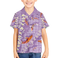 Purple Palaka Hawaiian And Japanese Family Matching Off The Shoulder Long Sleeve Dress and Hawaiian Shirt Sakura Lei With Koi Fish - Polynesian Pride