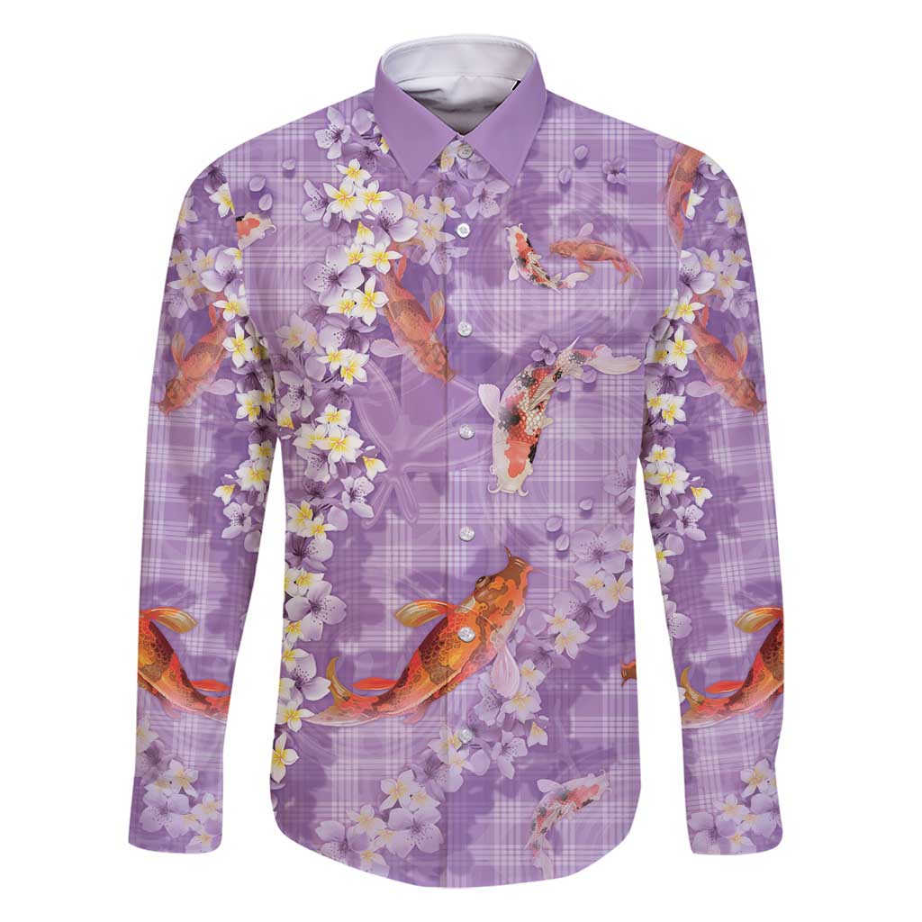 Purple Palaka Hawaiian And Japanese Family Matching Off Shoulder Maxi Dress and Hawaiian Shirt Sakura Lei With Koi Fish - Polynesian Pride