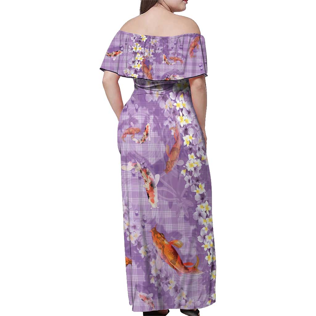 Purple Palaka Hawaiian And Japanese Family Matching Off Shoulder Maxi Dress and Hawaiian Shirt Sakura Lei With Koi Fish - Polynesian Pride