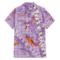 Purple Palaka Hawaiian And Japanese Family Matching Off Shoulder Short Dress and Hawaiian Shirt Sakura Lei With Koi Fish - Polynesian Pride
