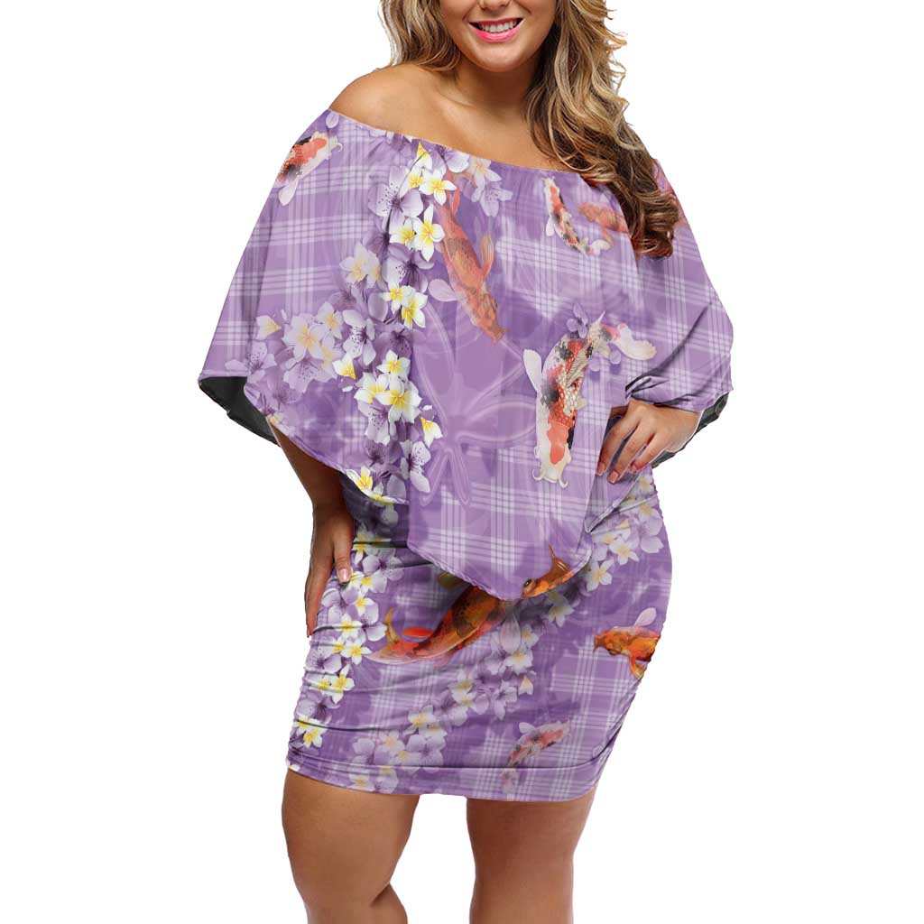 Purple Palaka Hawaiian And Japanese Family Matching Off Shoulder Short Dress and Hawaiian Shirt Sakura Lei With Koi Fish - Polynesian Pride