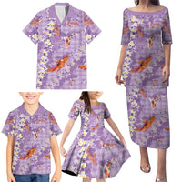 Purple Palaka Hawaiian And Japanese Family Matching Puletasi and Hawaiian Shirt Sakura Lei With Koi Fish - Polynesian Pride
