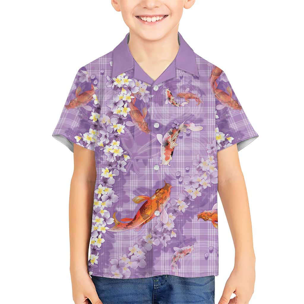 Purple Palaka Hawaiian And Japanese Family Matching Puletasi and Hawaiian Shirt Sakura Lei With Koi Fish - Polynesian Pride