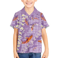 Purple Palaka Hawaiian And Japanese Family Matching Puletasi and Hawaiian Shirt Sakura Lei With Koi Fish - Polynesian Pride