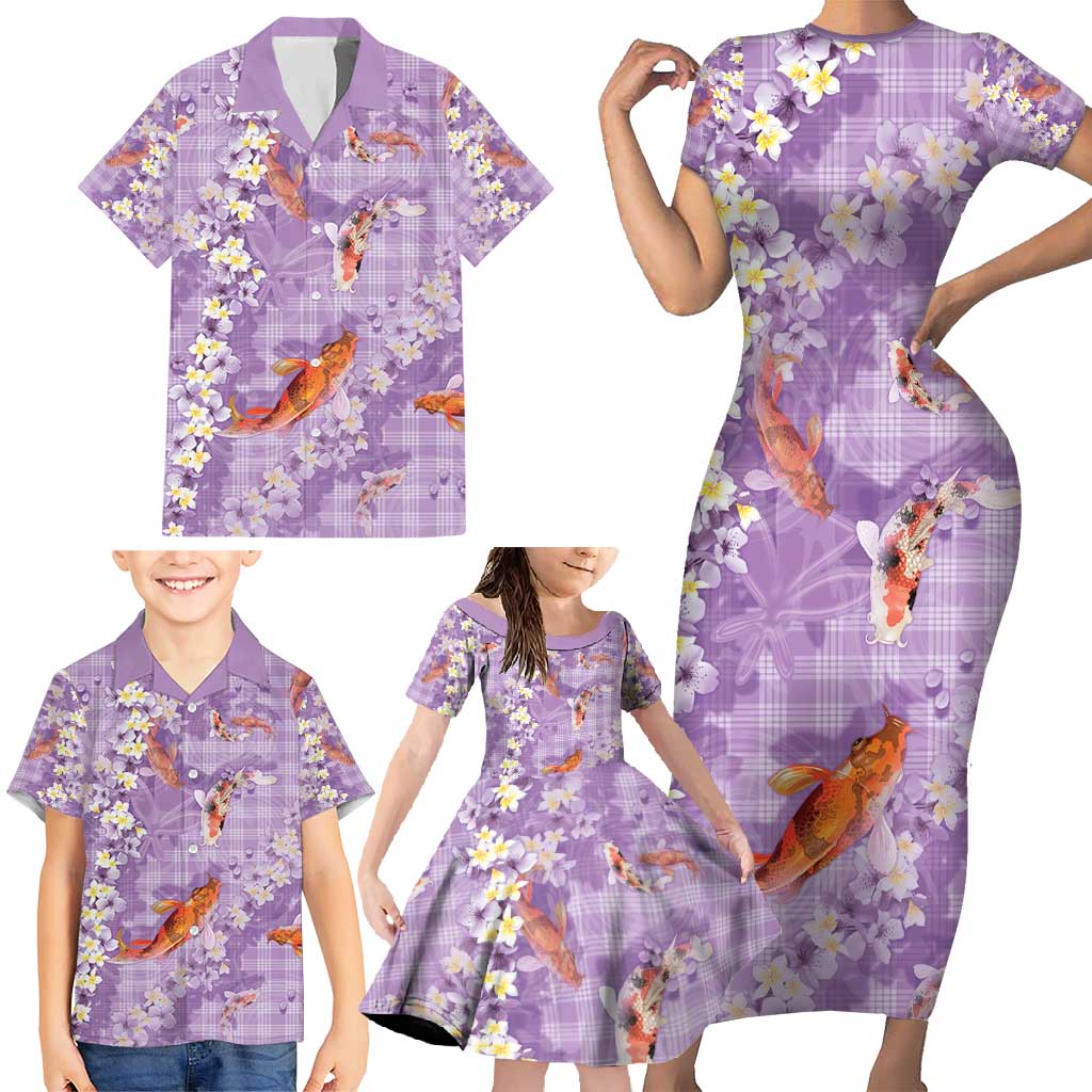 Purple Palaka Hawaiian And Japanese Family Matching Short Sleeve Bodycon Dress and Hawaiian Shirt Sakura Lei With Koi Fish - Polynesian Pride