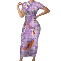 Purple Palaka Hawaiian And Japanese Family Matching Short Sleeve Bodycon Dress and Hawaiian Shirt Sakura Lei With Koi Fish - Polynesian Pride