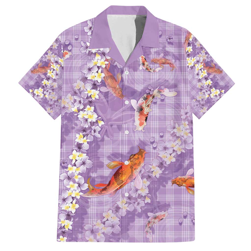 Purple Palaka Hawaiian And Japanese Family Matching Tank Maxi Dress and Hawaiian Shirt Sakura Lei With Koi Fish - Polynesian Pride