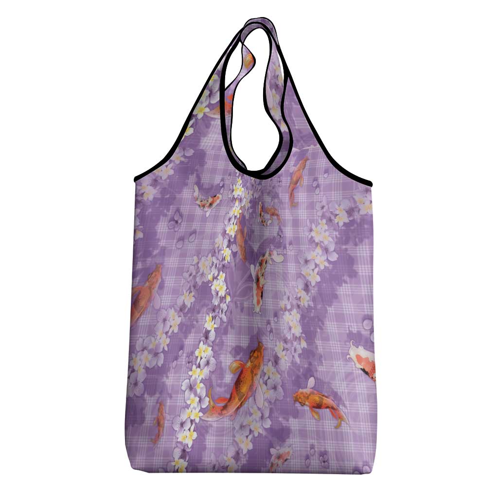 Purple Palaka Hawaiian And Japanese Grocery Bag Sakura Lei With Koi Fish - Polynesian Pride