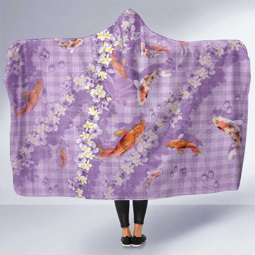 Purple Palaka Hawaiian And Japanese Hooded Blanket Sakura Lei With Koi Fish DT05 One Size Purple - Polynesian Pride