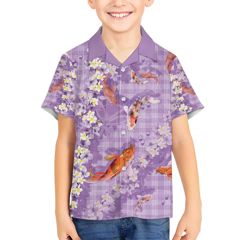 Purple Palaka Hawaiian And Japanese Kid Hawaiian Shirt Sakura Lei With Koi Fish - Polynesian Pride