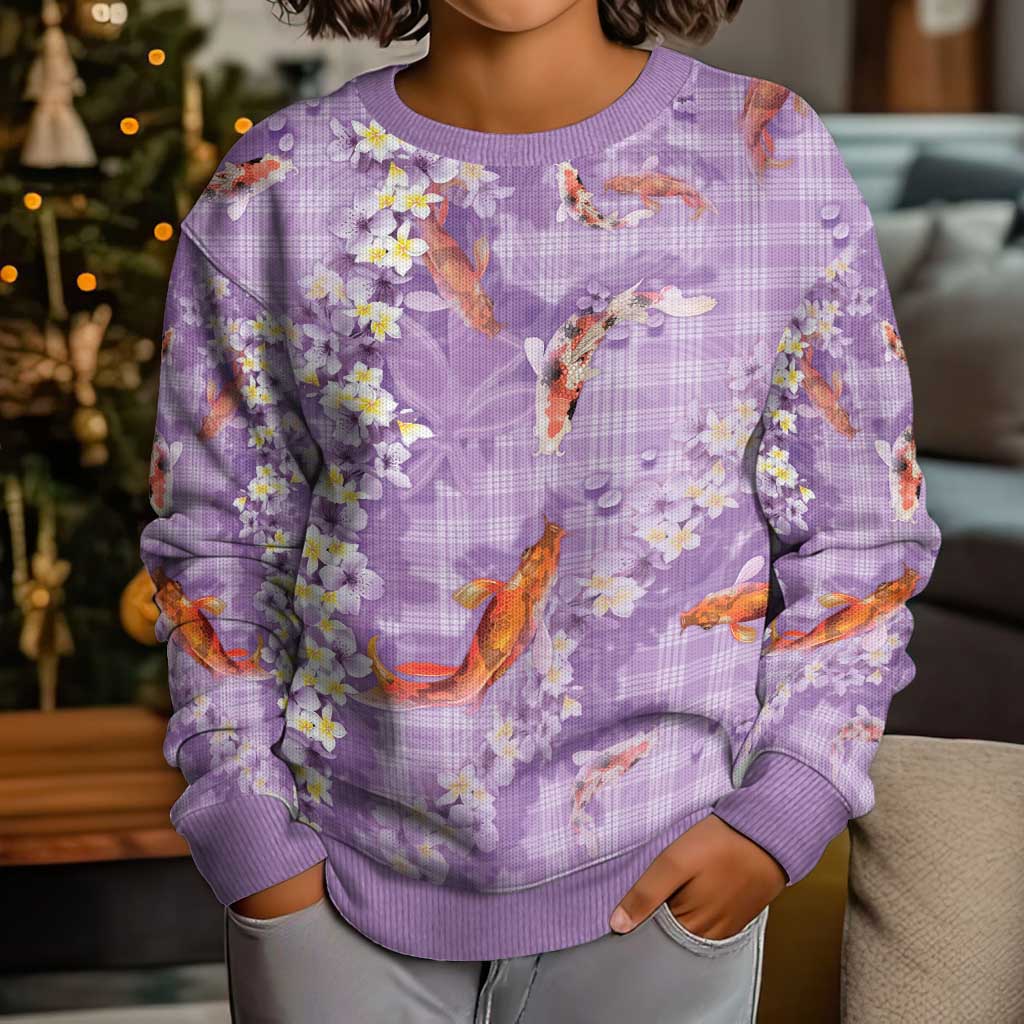 Purple Palaka Hawaiian And Japanese Kid Ugly Christmas Sweater Sakura Lei With Koi Fish - Polynesian Pride