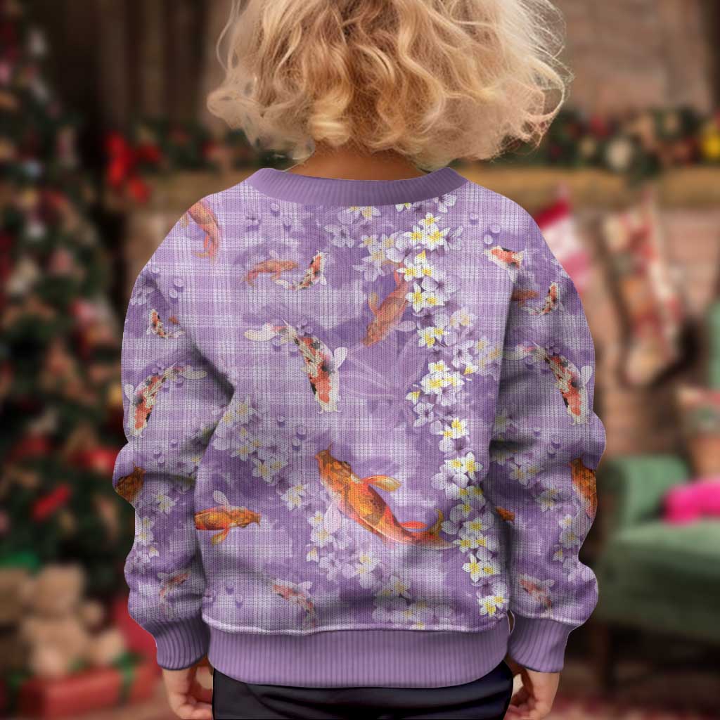Purple Palaka Hawaiian And Japanese Kid Ugly Christmas Sweater Sakura Lei With Koi Fish - Polynesian Pride