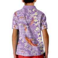Purple Palaka Hawaiian And Japanese Kid Polo Shirt Sakura Lei With Koi Fish - Polynesian Pride