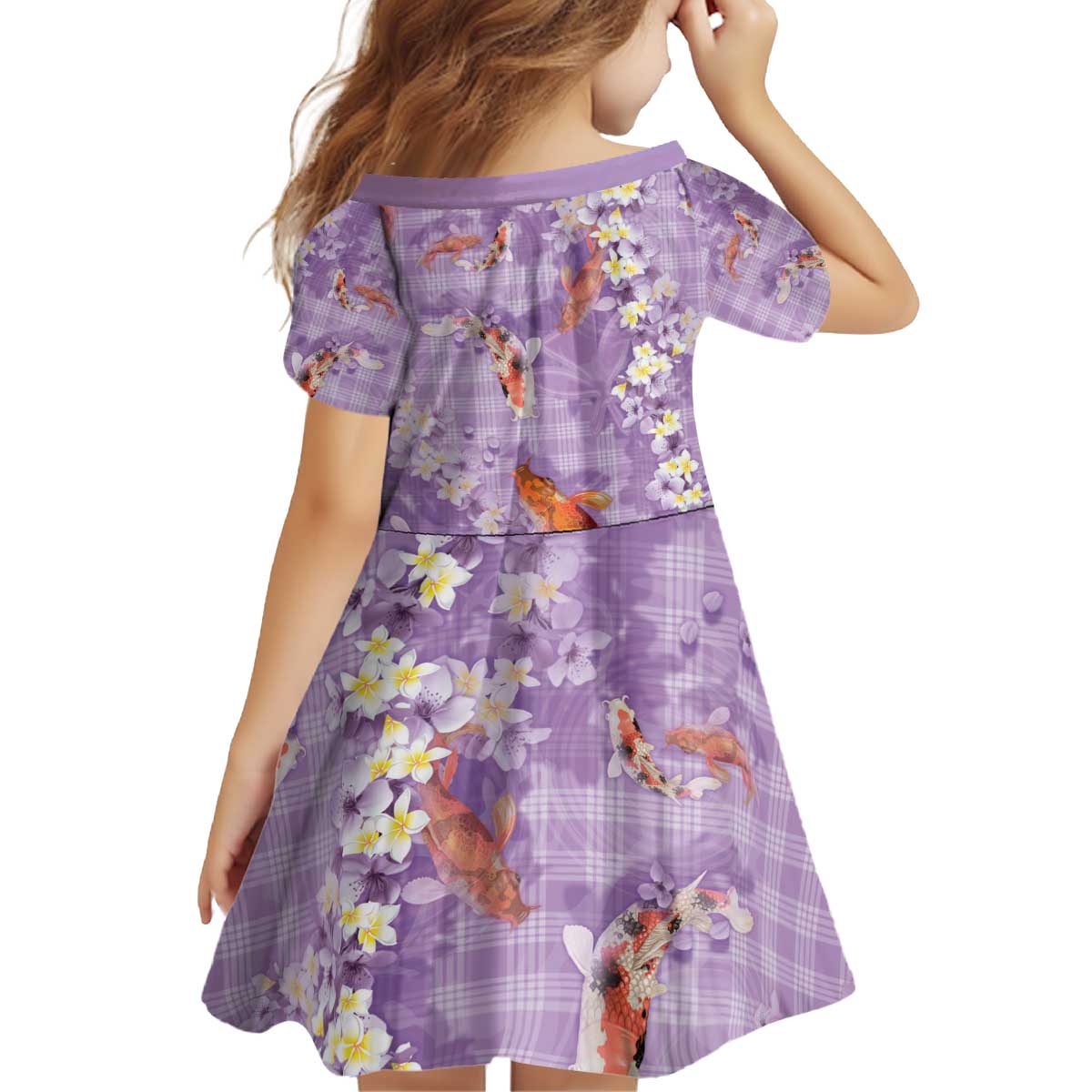 Purple Palaka Hawaiian And Japanese Kid Short Sleeve Dress Sakura Lei With Koi Fish - Polynesian Pride