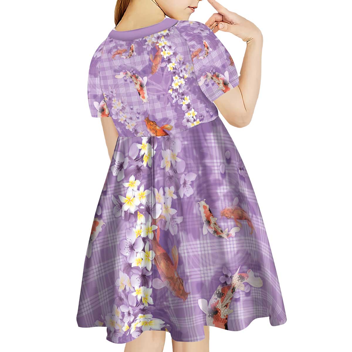 Purple Palaka Hawaiian And Japanese Kid Short Sleeve Dress Sakura Lei With Koi Fish - Polynesian Pride
