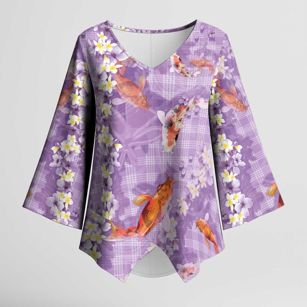 Purple Palaka Hawaiian And Japanese Kimono Sleeve Blouse Sakura Lei With Koi Fish DT05 Female Purple - Polynesian Pride
