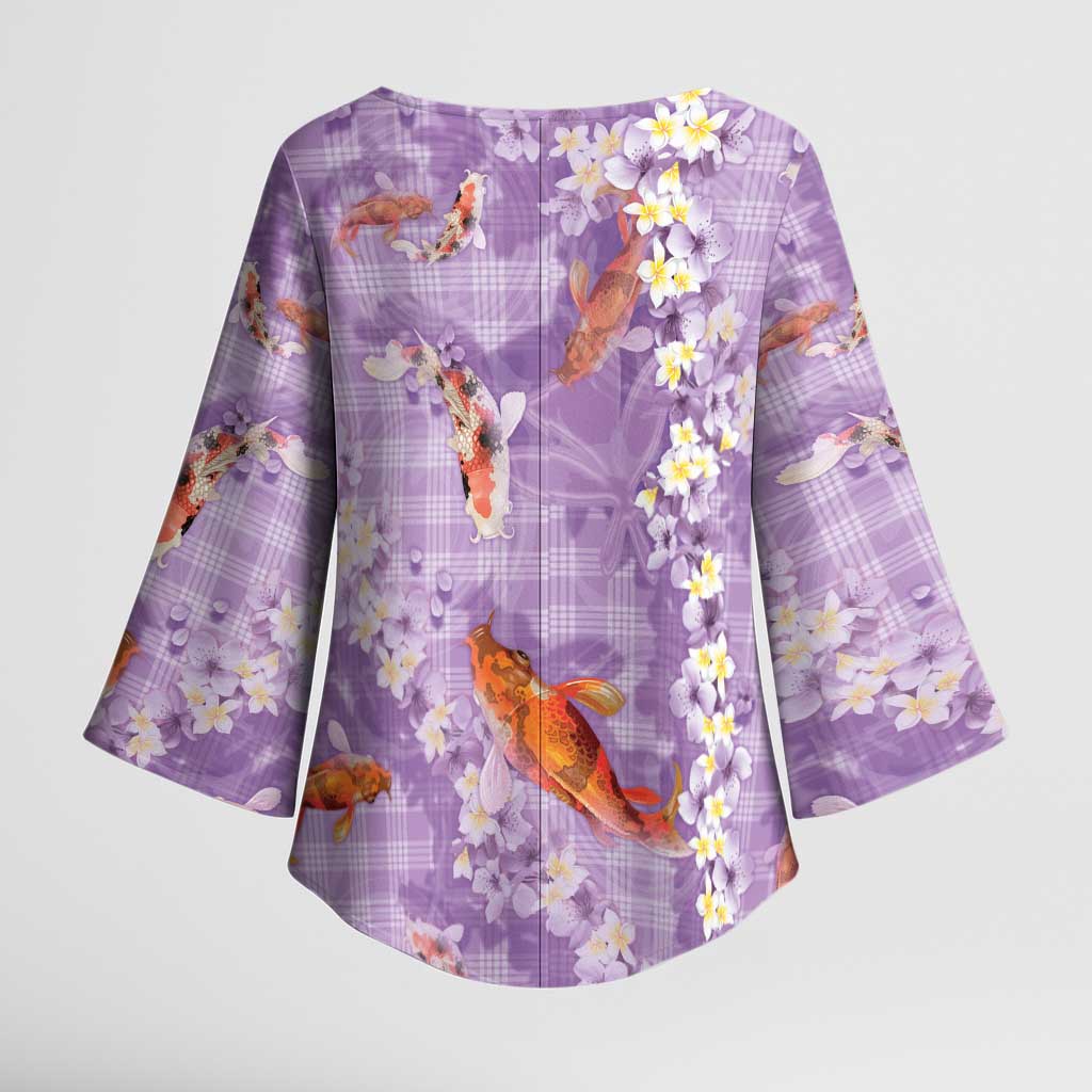 Purple Palaka Hawaiian And Japanese Kimono Sleeve Blouse Sakura Lei With Koi Fish DT05 - Polynesian Pride