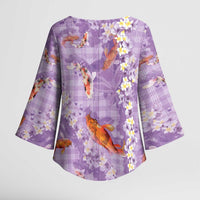 Purple Palaka Hawaiian And Japanese Kimono Sleeve Blouse Sakura Lei With Koi Fish DT05 - Polynesian Pride
