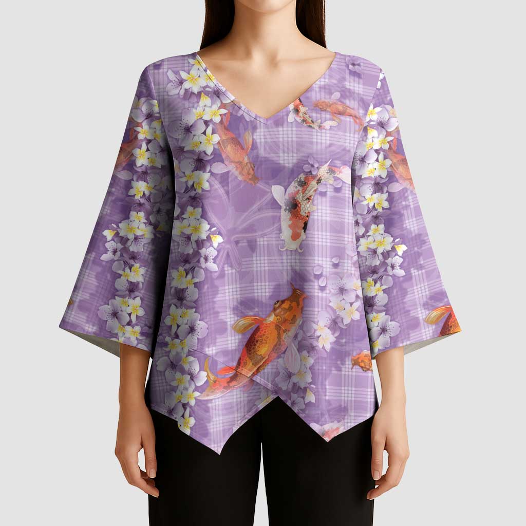 Purple Palaka Hawaiian And Japanese Kimono Sleeve Blouse Sakura Lei With Koi Fish DT05 - Polynesian Pride