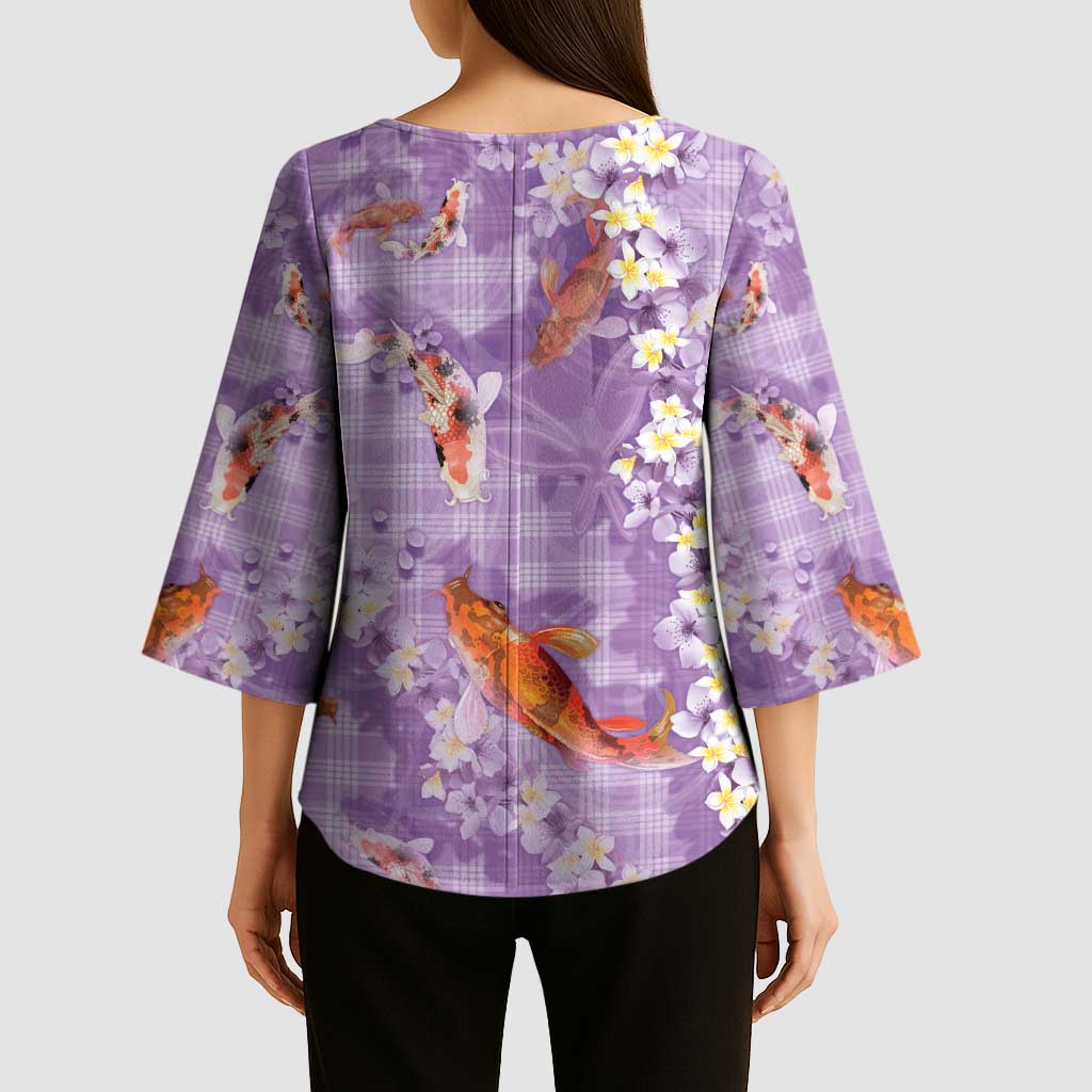 Purple Palaka Hawaiian And Japanese Kimono Sleeve Blouse Sakura Lei With Koi Fish DT05 - Polynesian Pride