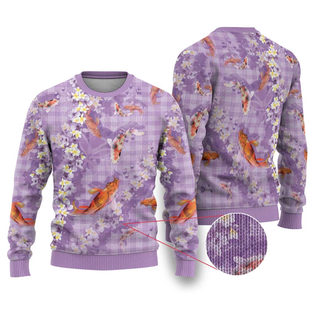 Purple Palaka Hawaiian And Japanese Ugly Christmas Sweater Sakura Lei With Koi Fish - Polynesian Pride