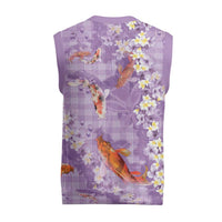 Purple Palaka Hawaiian And Japanese Christmas Knitted V-Neck Vest Sakura Lei With Koi Fish - Polynesian Pride