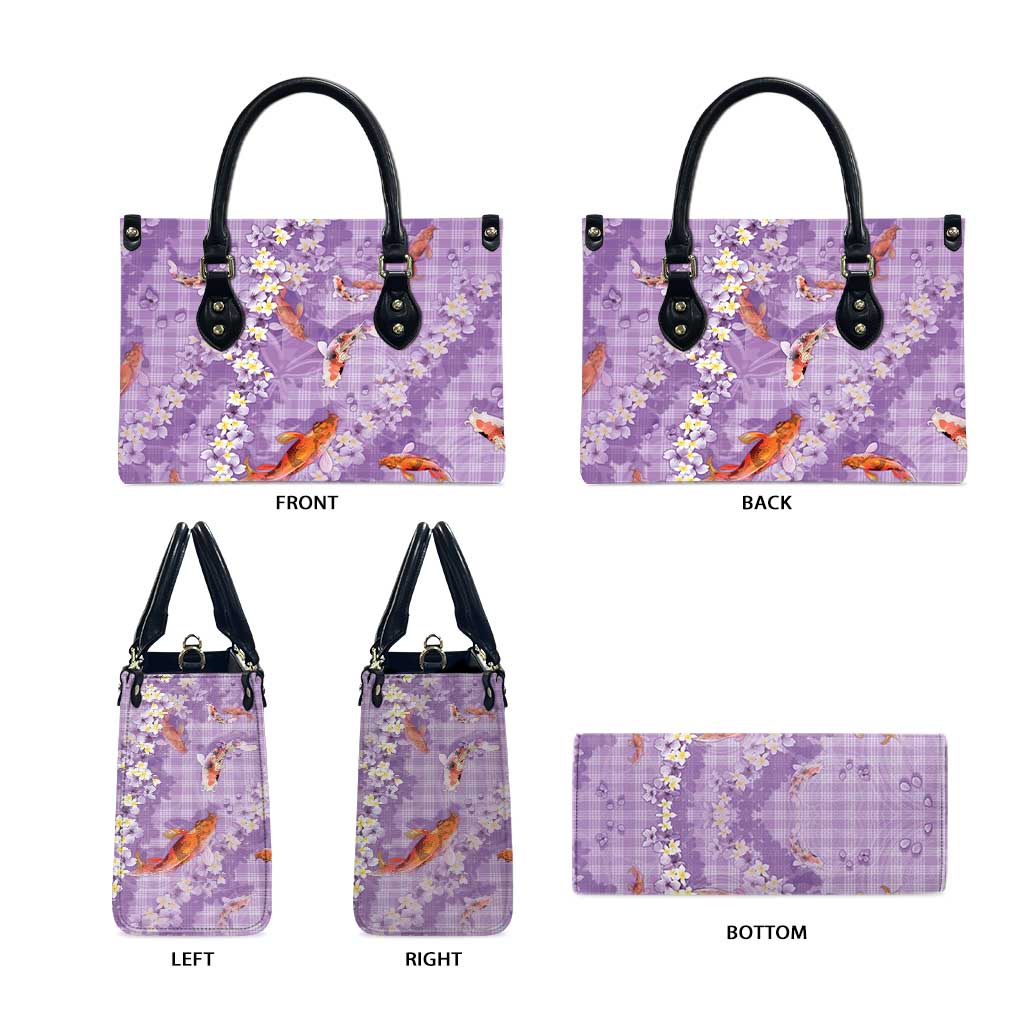 Purple Palaka Hawaiian And Japanese Leather Bag Sakura Lei With Koi Fish DT05 - Polynesian Pride