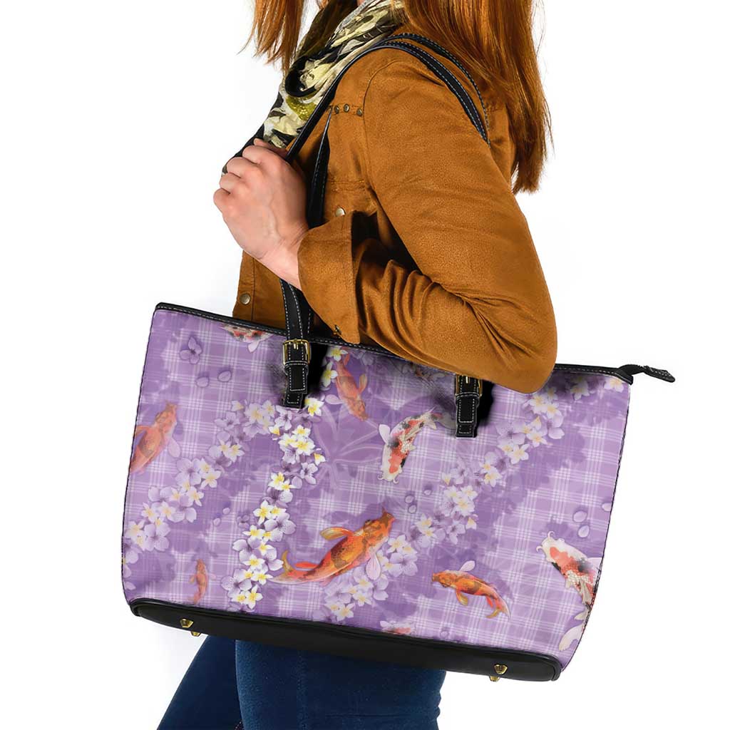 Purple Palaka Hawaiian And Japanese Leather Tote Bag Sakura Lei With Koi Fish - Polynesian Pride