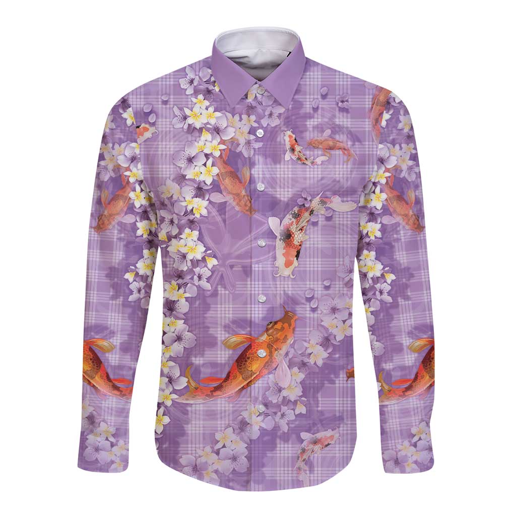 Purple Palaka Hawaiian And Japanese Long Sleeve Button Shirt Sakura Lei With Koi Fish DT05 Unisex Purple - Polynesian Pride