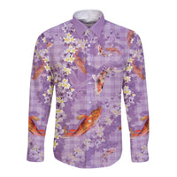 Purple Palaka Hawaiian And Japanese Long Sleeve Button Shirt Sakura Lei With Koi Fish DT05 Unisex Purple - Polynesian Pride