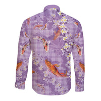 Purple Palaka Hawaiian And Japanese Long Sleeve Button Shirt Sakura Lei With Koi Fish DT05 - Polynesian Pride