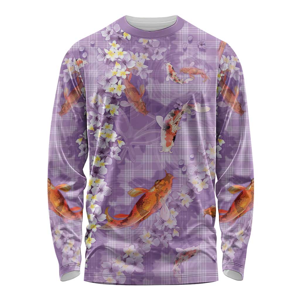 Purple Palaka Hawaiian And Japanese Long Sleeve Shirt Sakura Lei With Koi Fish DT05 Unisex Purple - Polynesian Pride