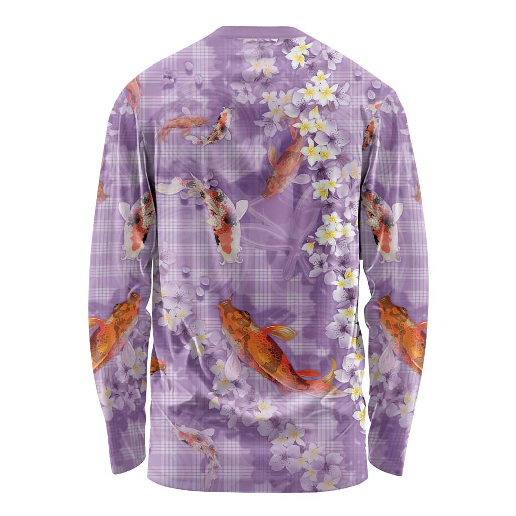 Purple Palaka Hawaiian And Japanese Long Sleeve Shirt Sakura Lei With Koi Fish DT05 - Polynesian Pride