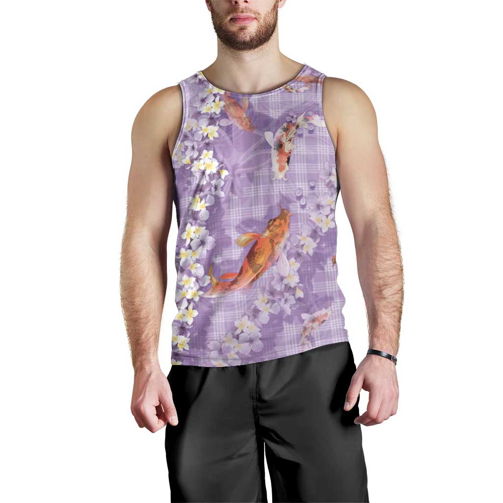 Purple Palaka Hawaiian And Japanese Men Tank Top Sakura Lei With Koi Fish DT05 - Polynesian Pride
