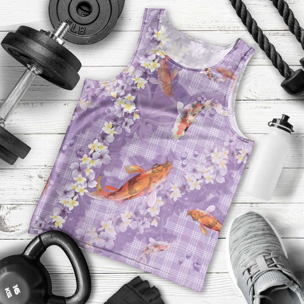 Purple Palaka Hawaiian And Japanese Men Tank Top Sakura Lei With Koi Fish DT05 - Polynesian Pride