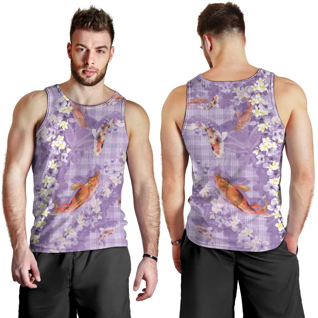Purple Palaka Hawaiian And Japanese Men Tank Top Sakura Lei With Koi Fish DT05 - Polynesian Pride