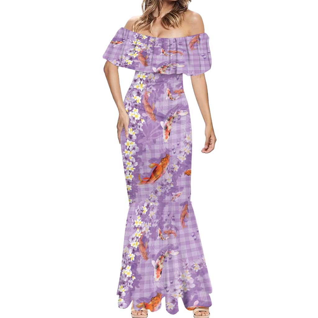 Purple Palaka Hawaiian And Japanese Mermaid Dress Sakura Lei With Koi Fish - Polynesian Pride