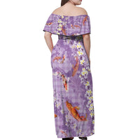 Purple Palaka Hawaiian And Japanese Off Shoulder Maxi Dress Sakura Lei With Koi Fish - Polynesian Pride