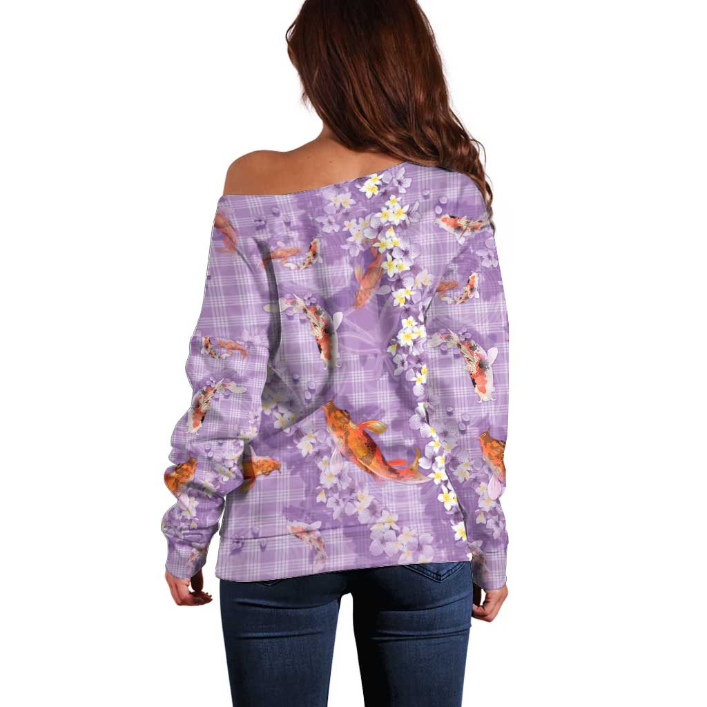 Purple Palaka Hawaiian And Japanese Off Shoulder Sweater Sakura Lei With Koi Fish - Polynesian Pride