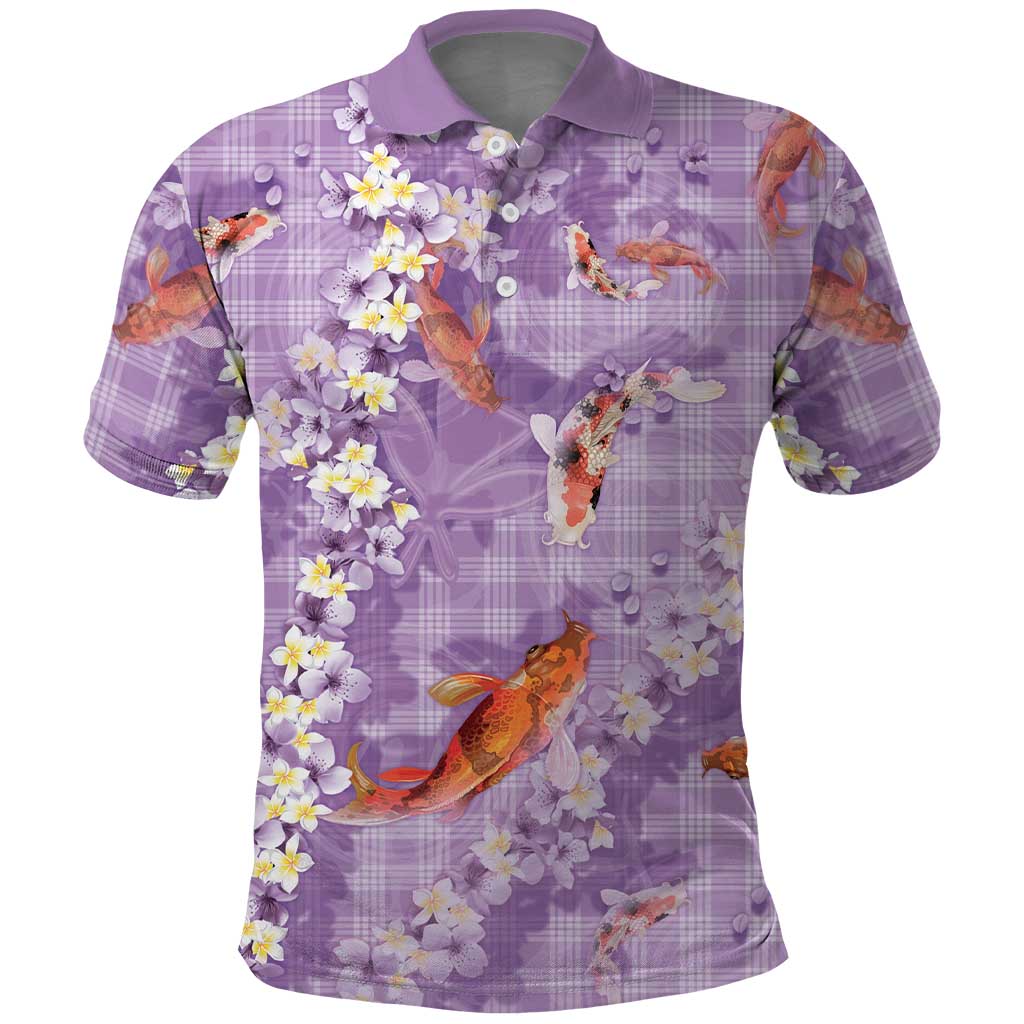Purple Palaka Hawaiian And Japanese Polo Shirt Sakura Lei With Koi Fish - Polynesian Pride