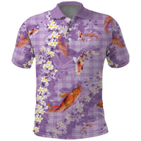 Purple Palaka Hawaiian And Japanese Polo Shirt Sakura Lei With Koi Fish - Polynesian Pride