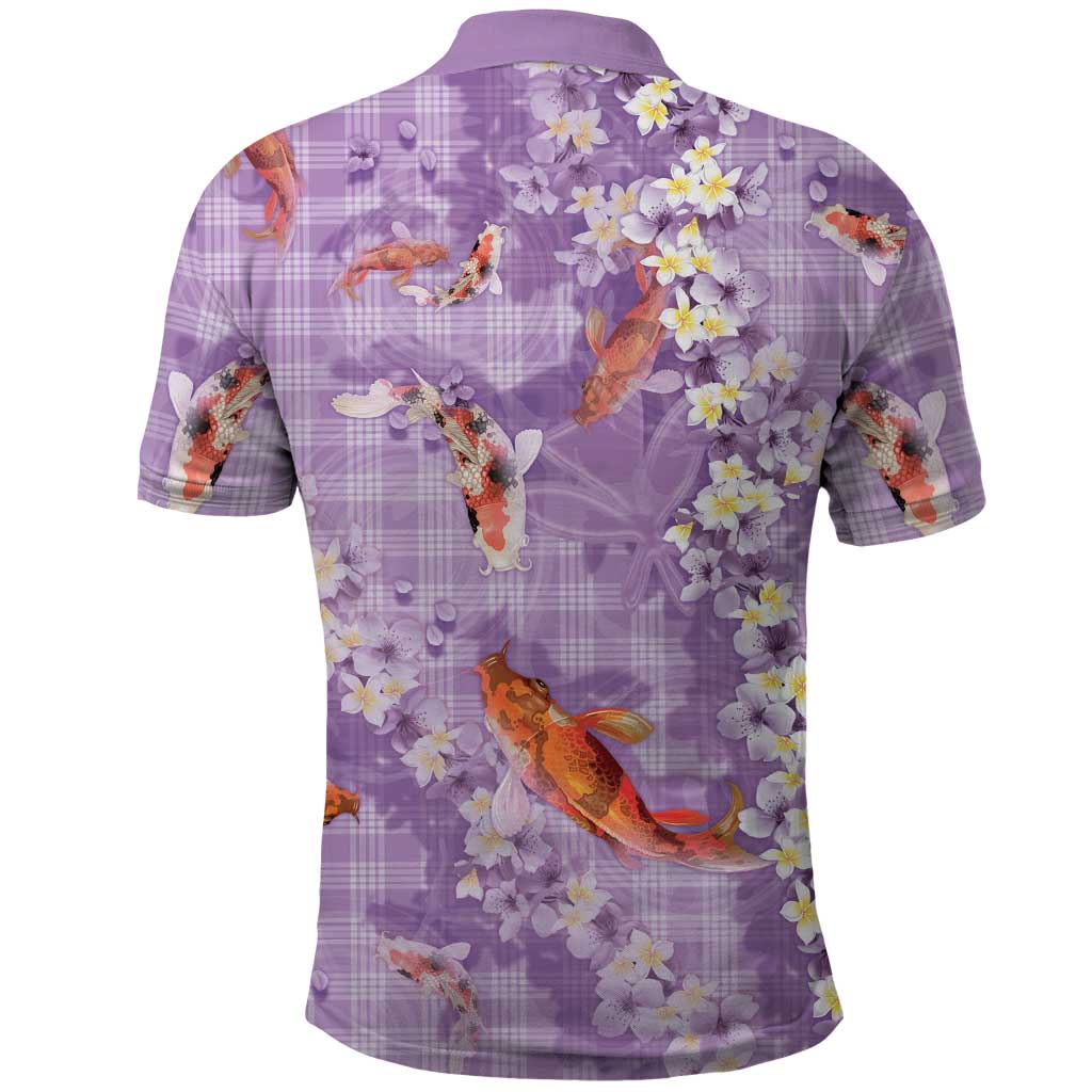 Purple Palaka Hawaiian And Japanese Polo Shirt Sakura Lei With Koi Fish - Polynesian Pride