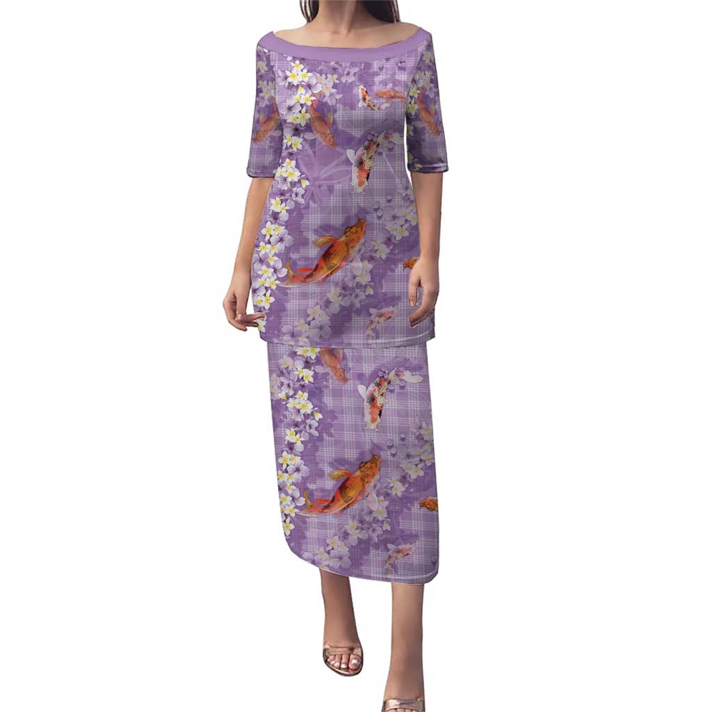 Purple Palaka Hawaiian And Japanese Puletasi Sakura Lei With Koi Fish - Polynesian Pride