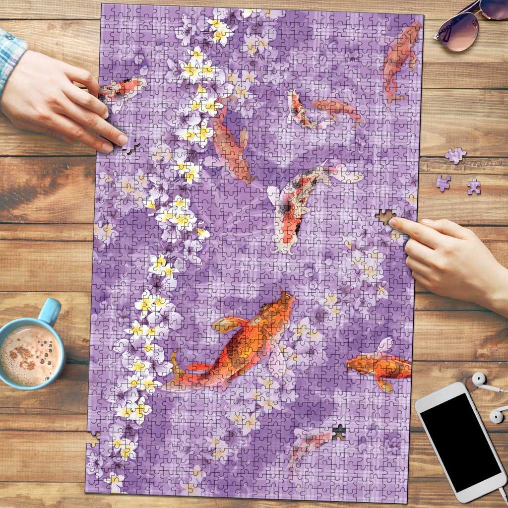 Purple Palaka Hawaiian And Japanese Puzzle Sakura Lei With Koi Fish DT05 Purple - Polynesian Pride