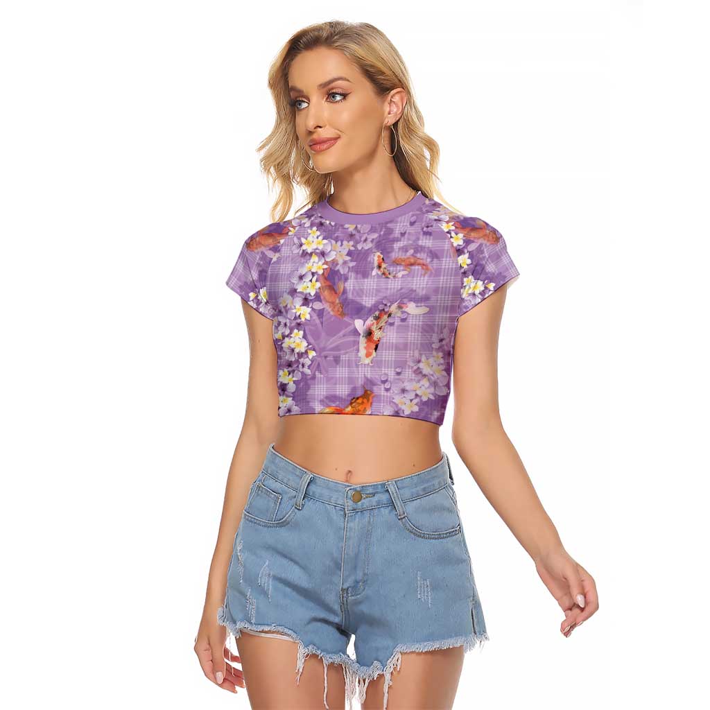 Purple Palaka Hawaiian And Japanese Raglan Cropped T Shirt Sakura Lei With Koi Fish DT05 Female Purple - Polynesian Pride