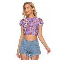 Purple Palaka Hawaiian And Japanese Raglan Cropped T Shirt Sakura Lei With Koi Fish DT05 Female Purple - Polynesian Pride