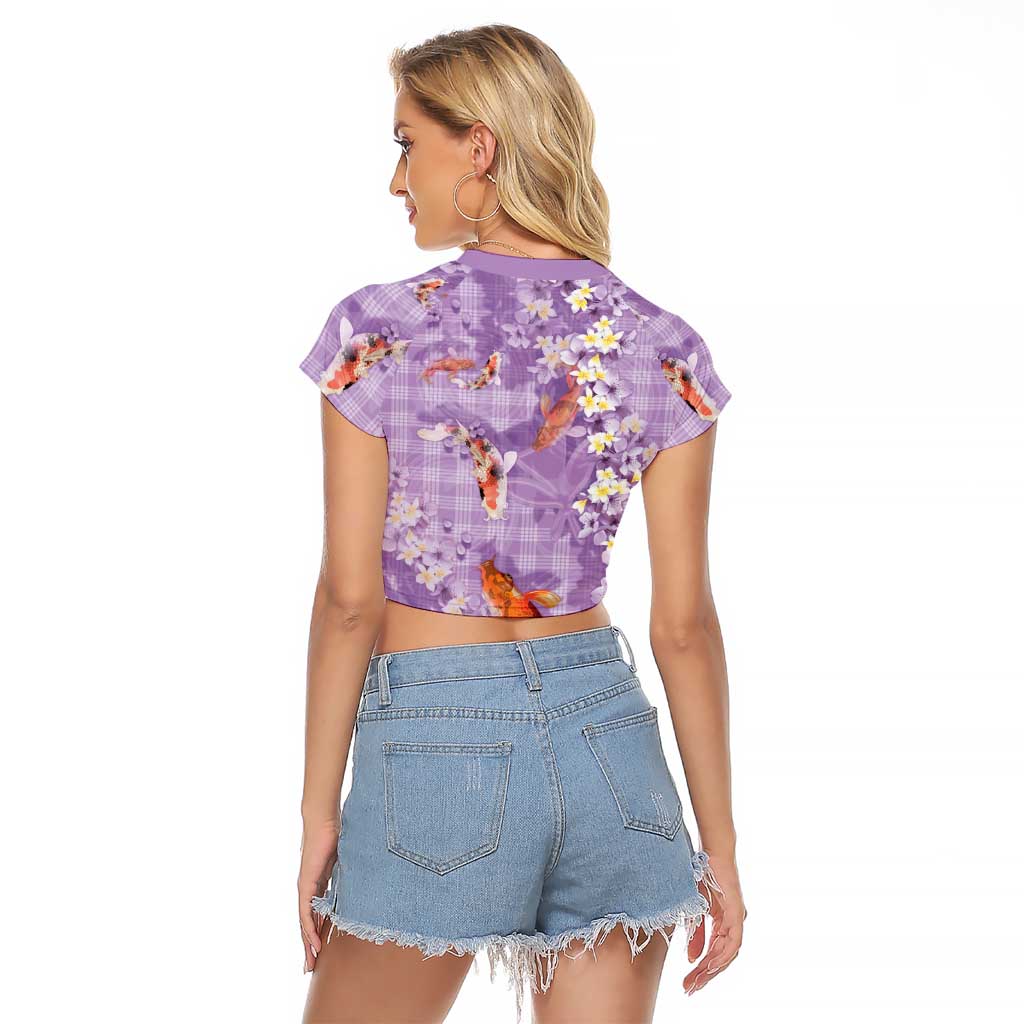 Purple Palaka Hawaiian And Japanese Raglan Cropped T Shirt Sakura Lei With Koi Fish DT05 - Polynesian Pride