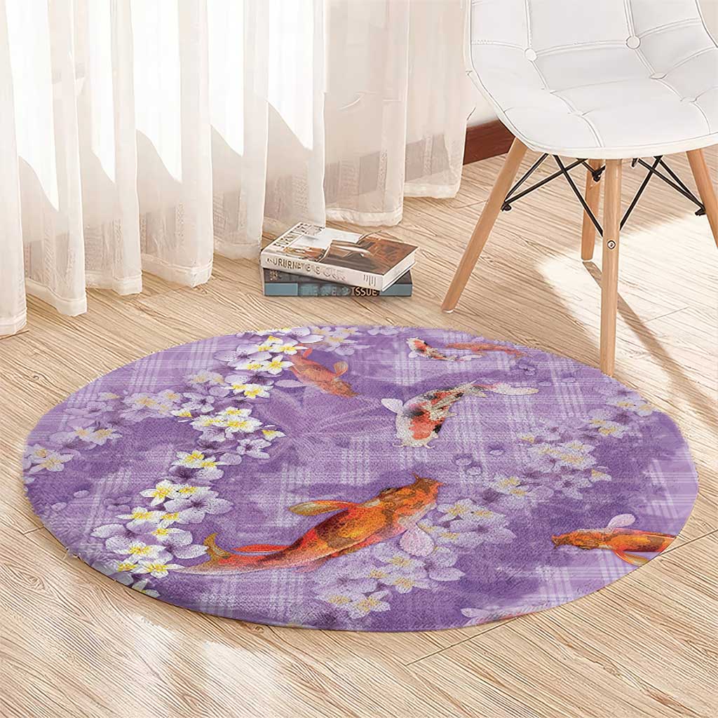Purple Palaka Hawaiian And Japanese Round Carpet Sakura Lei With Koi Fish - Polynesian Pride