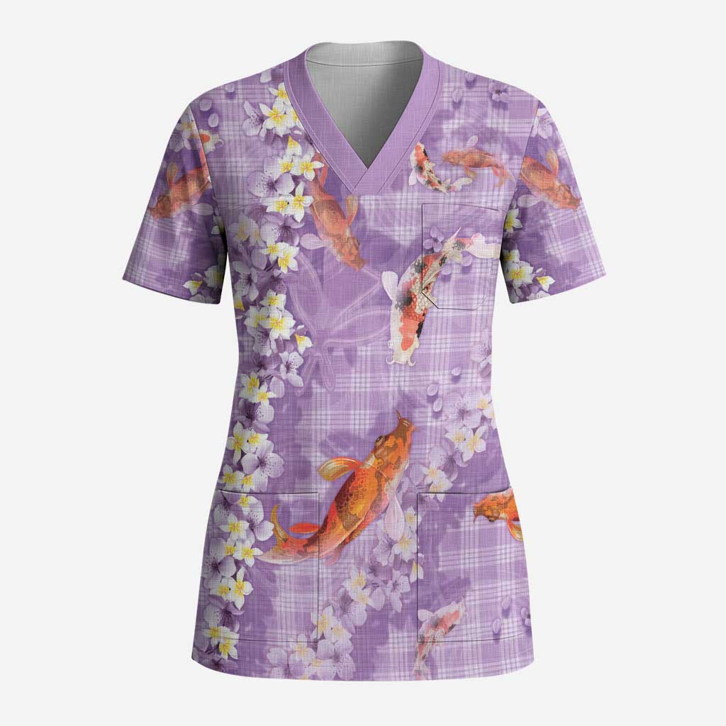 Purple Palaka Hawaiian And Japanese Scrub Top Sakura Lei With Koi Fish DT05 Adult Purple - Polynesian Pride